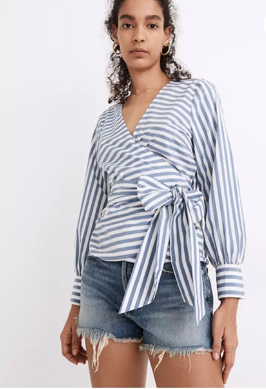 Madewell Cuffed-Sleeve Wrap Top in Blue White Stripe 100% Cotton MC770 XS